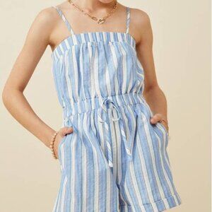 Paperdoll Girls Tie Detail Blue Striped Tank Romper